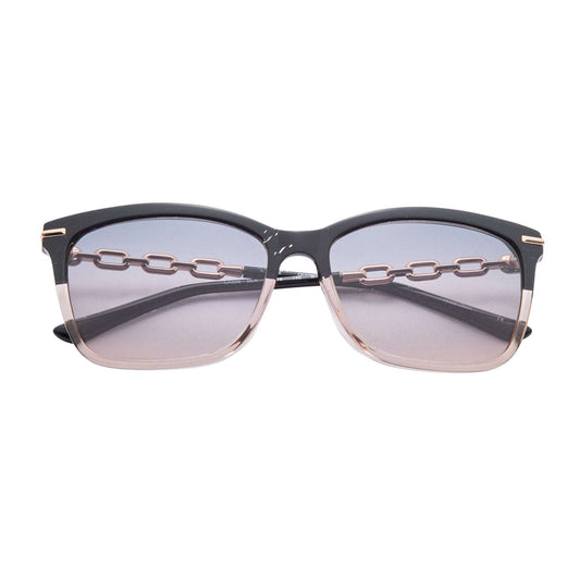 L.A.M.B. LA598 BLK oversized sunglasses with black crystal brow, blush rim, rose gold chain temples, gradient smoke to blush lenses, UV400 protection