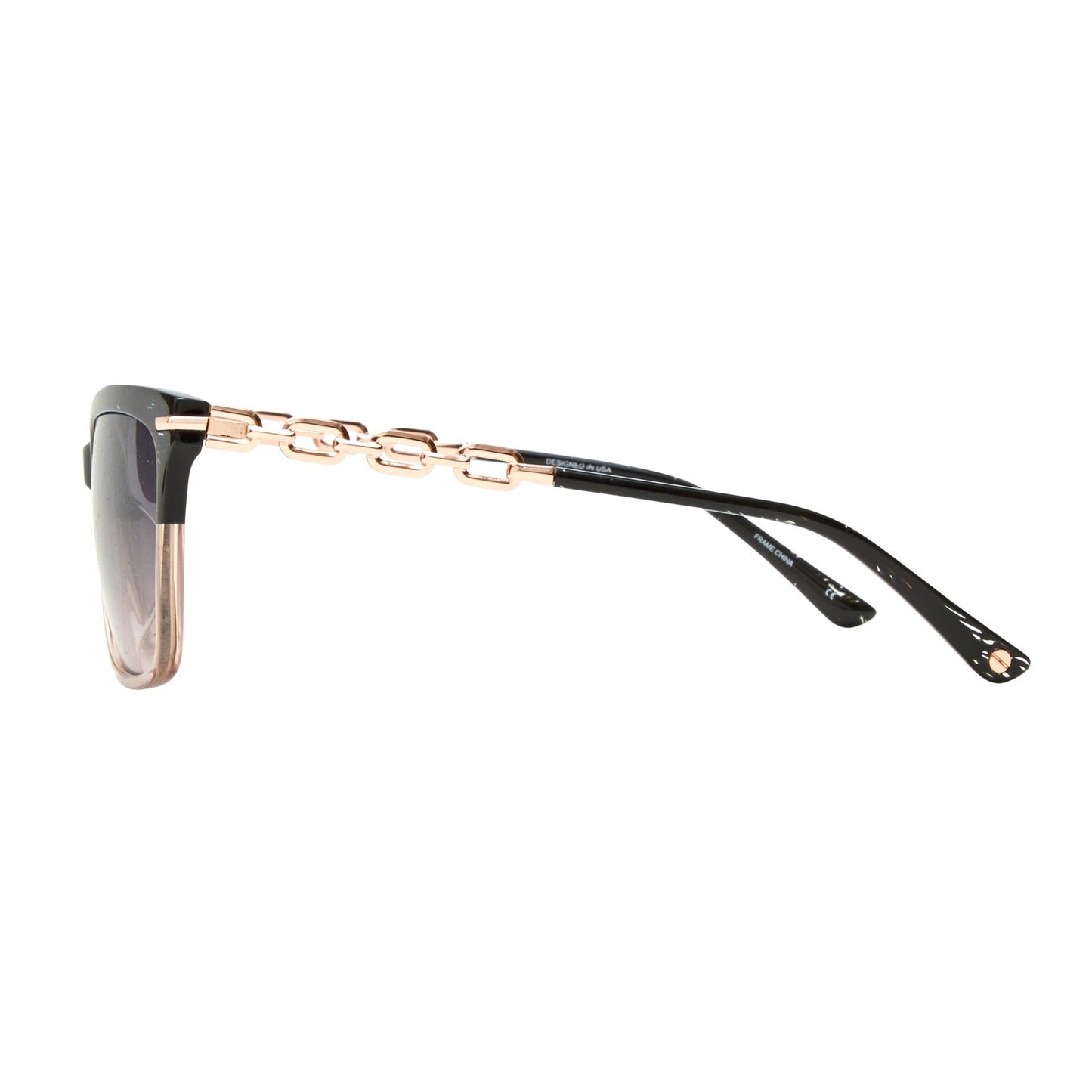 L.A.M.B. LA598 BLK oversized sunglasses with black crystal brow, blush rim, gradient smoke to blush lenses, and rose gold chain temples