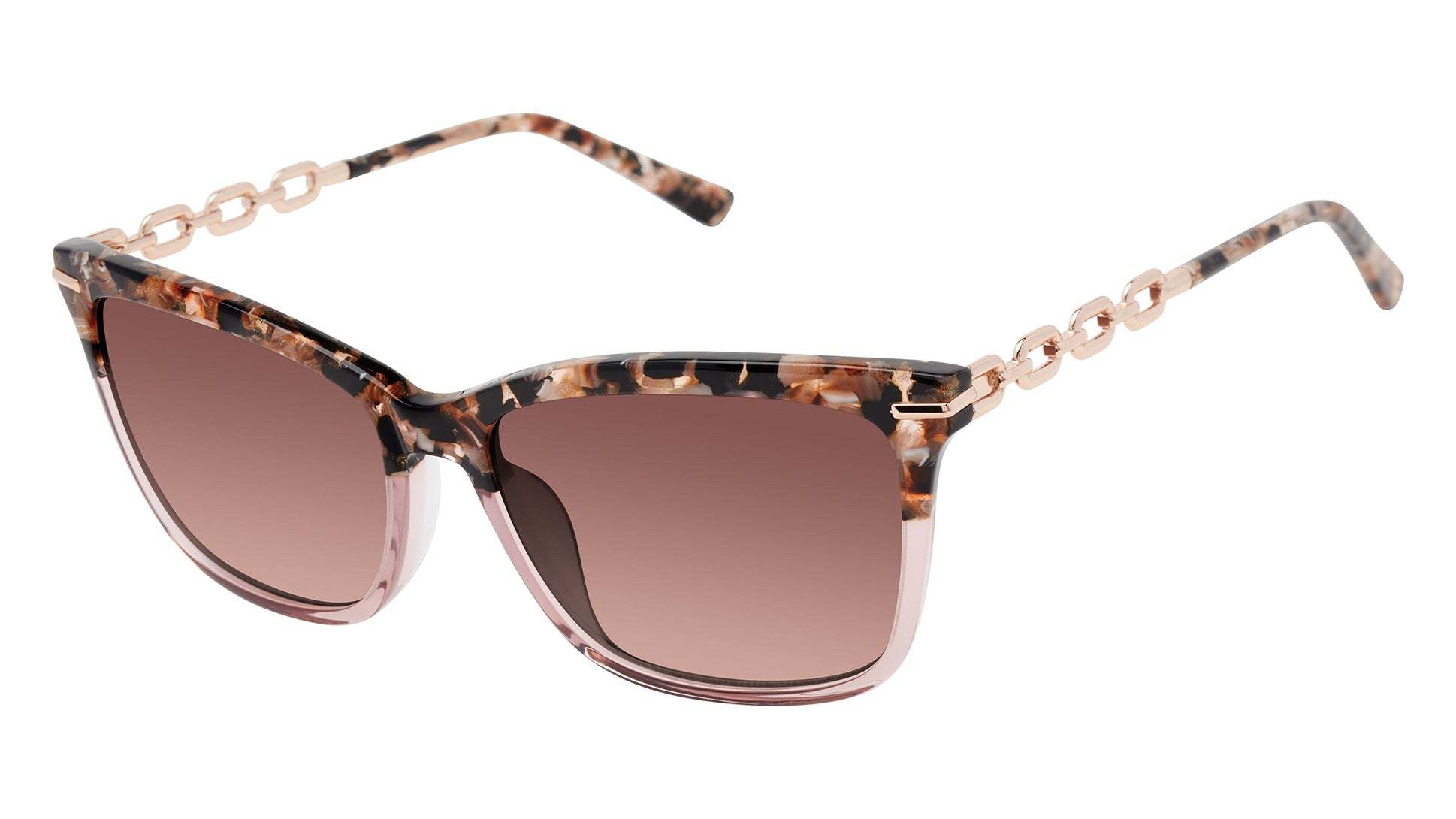 L.A.M.B. LA598 BLS Sunglasses with blush marble brow, crystal pink rim, rose gold chain temples, and gradient UV400 lenses
