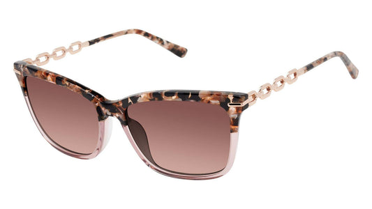 L.A.M.B. LA598 BLS Sunglasses with blush marble brow, crystal pink rim, rose gold chain temples, and gradient UV400 lenses