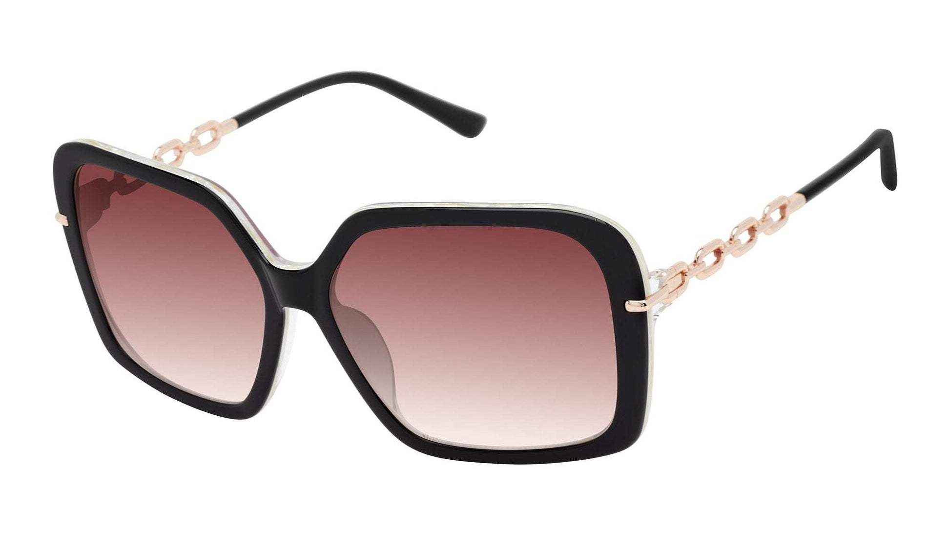 L.A.M.B. LA599 BLK oversized black sunglasses with gradient lenses and gold chain temples, UV400 protection
