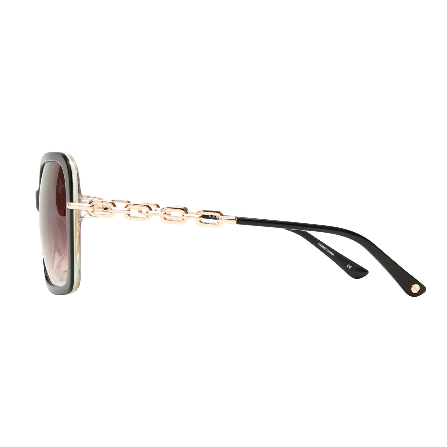 Side view of L.A.M.B. LA599 BLK Sunglasses with black frames, gold chain temples, and gradient fade lenses.
