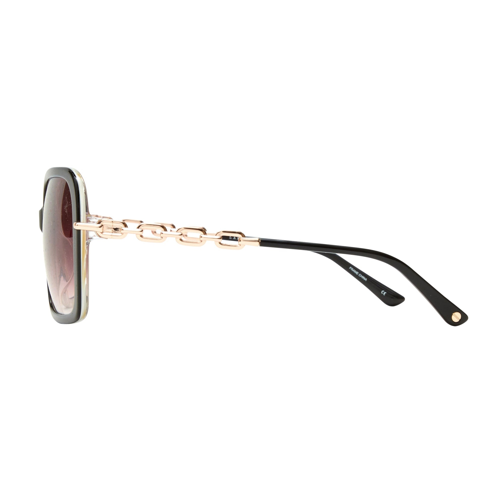 Side view of L.A.M.B. LA599 BLK Sunglasses with black frames, gold chain temples, and gradient fade lenses.