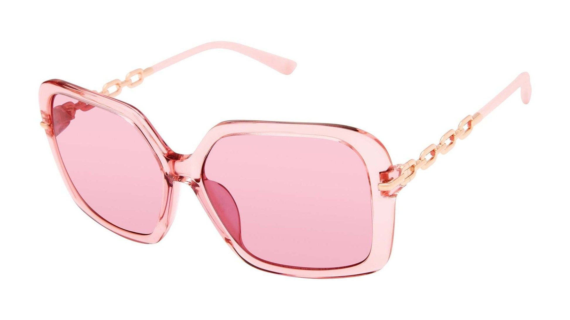 L.A.M.B. LA599 BLS Sunglasses with oversized pink crystal acetate frame and rose gold chain detail