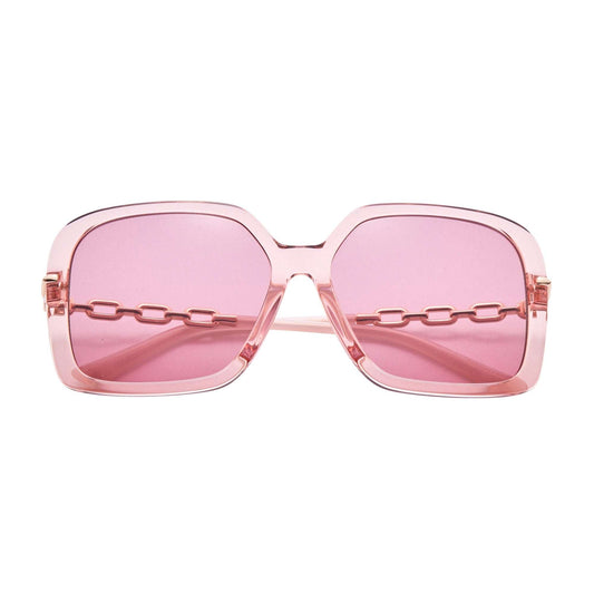 L.A.M.B. LA599 BLS Sunglasses with oversized blush crystal acetate frame and pink-tinted UV400 lenses featuring rose gold chain detail