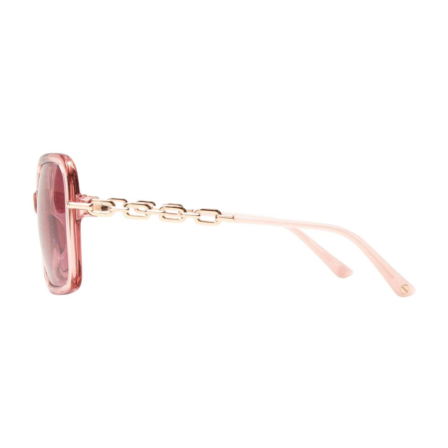 L.A.M.B. LA599 BLS Sunglasses side view with blush crystal acetate frame and rose gold chain detail