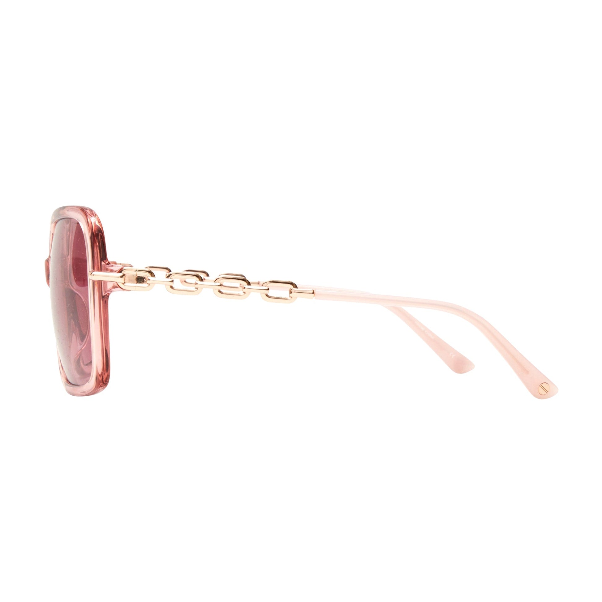 L.A.M.B. LA599 BLS Sunglasses side view with blush crystal acetate frame and rose gold chain detail