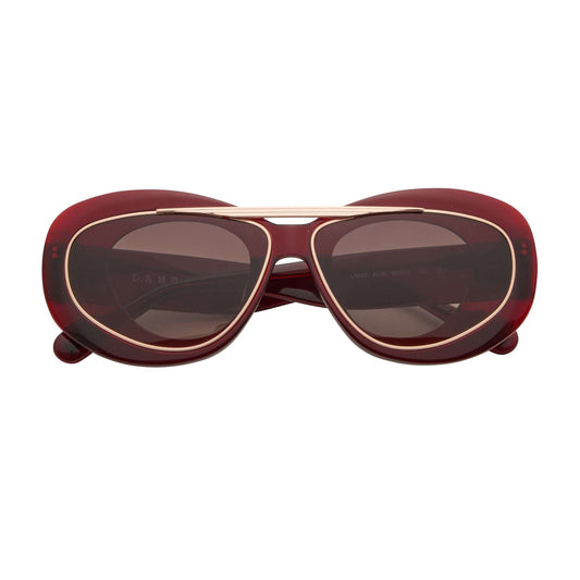 L.A.M.B. LA600 BUR Sunglasses with burgundy oval acetate frame, rose gold double bridge, and brown gradient UV400 lenses