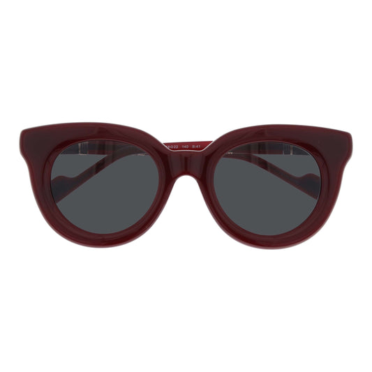 Front view of L.A.M.B. LA603 BUR Sunglasses in burgundy acetate with slate gray lenses and rose gold metal detailing, round 48-22-140 frame designed by Gwen Stefani.