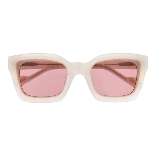 Front view of L.A.M.B. LA604 WHT Sunglasses in milky bone and blush acetate with mauve lenses and warm gold metal detailing, square 50-24-140 frame designed by Gwen Stefani.