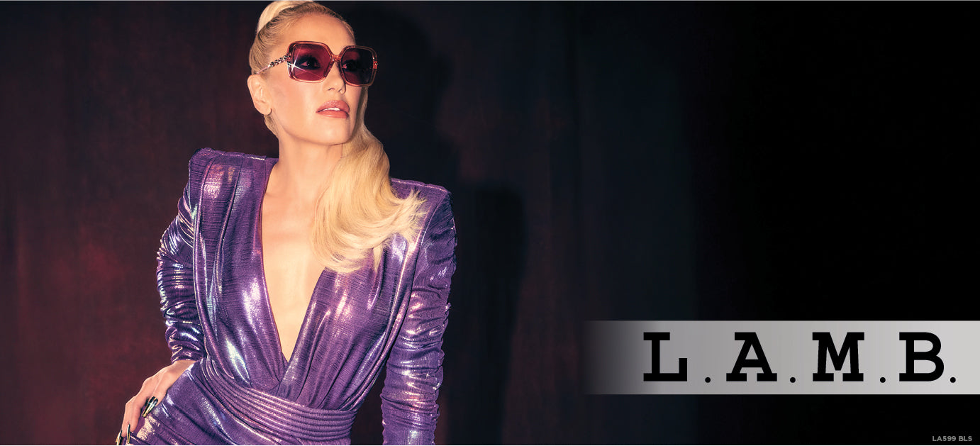 Gwen Stefani wearing L.A.M.B. LA599 BLS oversized blush sunglasses with bold square frames and gradient lenses – glamorous designer eyewear for fashion-forward women.