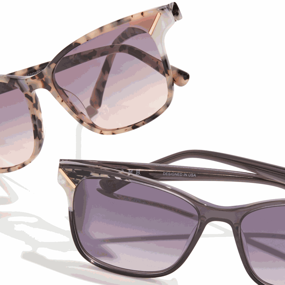 L.A.M.B. LA592 IVO Sunglasses with milky tort and ivory acetate frames, gradient grey fade lenses, metal hardware, UV400 protection, size 55-16-140