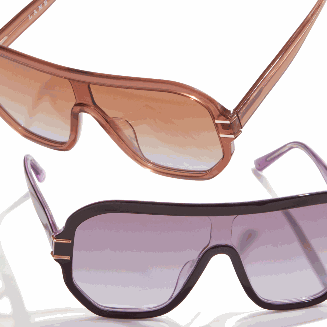 Pair of L.A.M.B. LA594 EGG Sunglasses in purple and brown with shield design and rose gold accents
