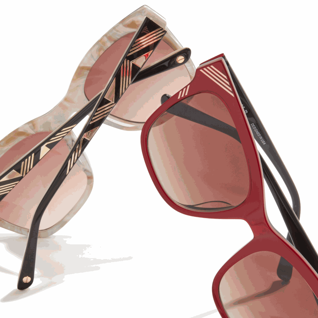 L.A.M.B. LA597 BLK Sunglasses with black over gold pearl marble acetate and gold foil patterns, brown-to-smoke fade lenses, UV400 protection, and modified square frames.