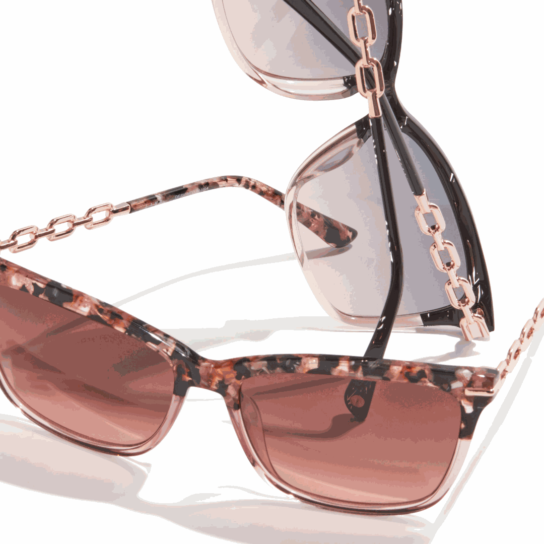 L.A.M.B. LA598 BLS Sunglasses with blush marble brow, crystal pink rim, rose gold chain temples, and gradient UV400 lenses