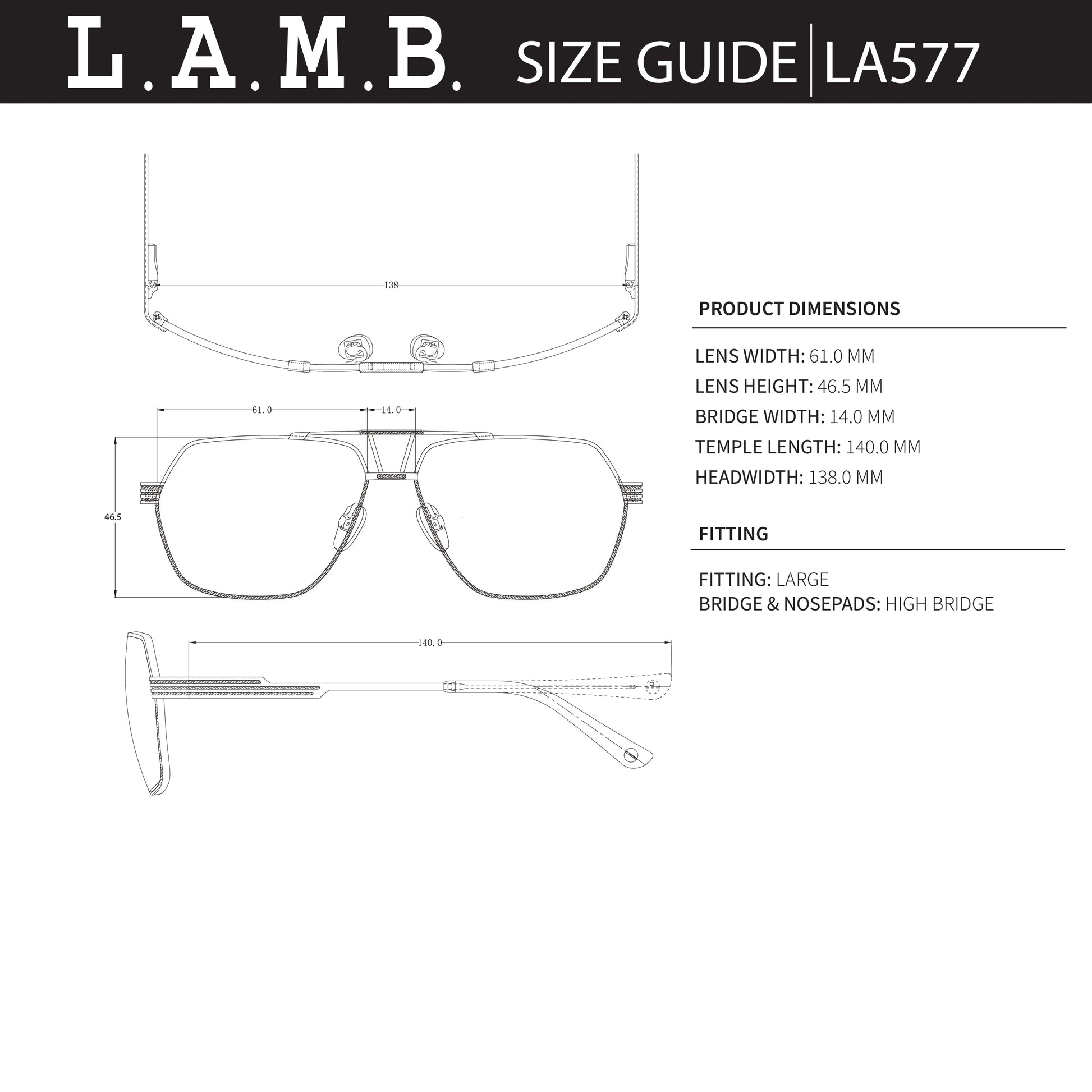 Size guide for L.A.M.B. sunglasses with dimensions and fitting information.