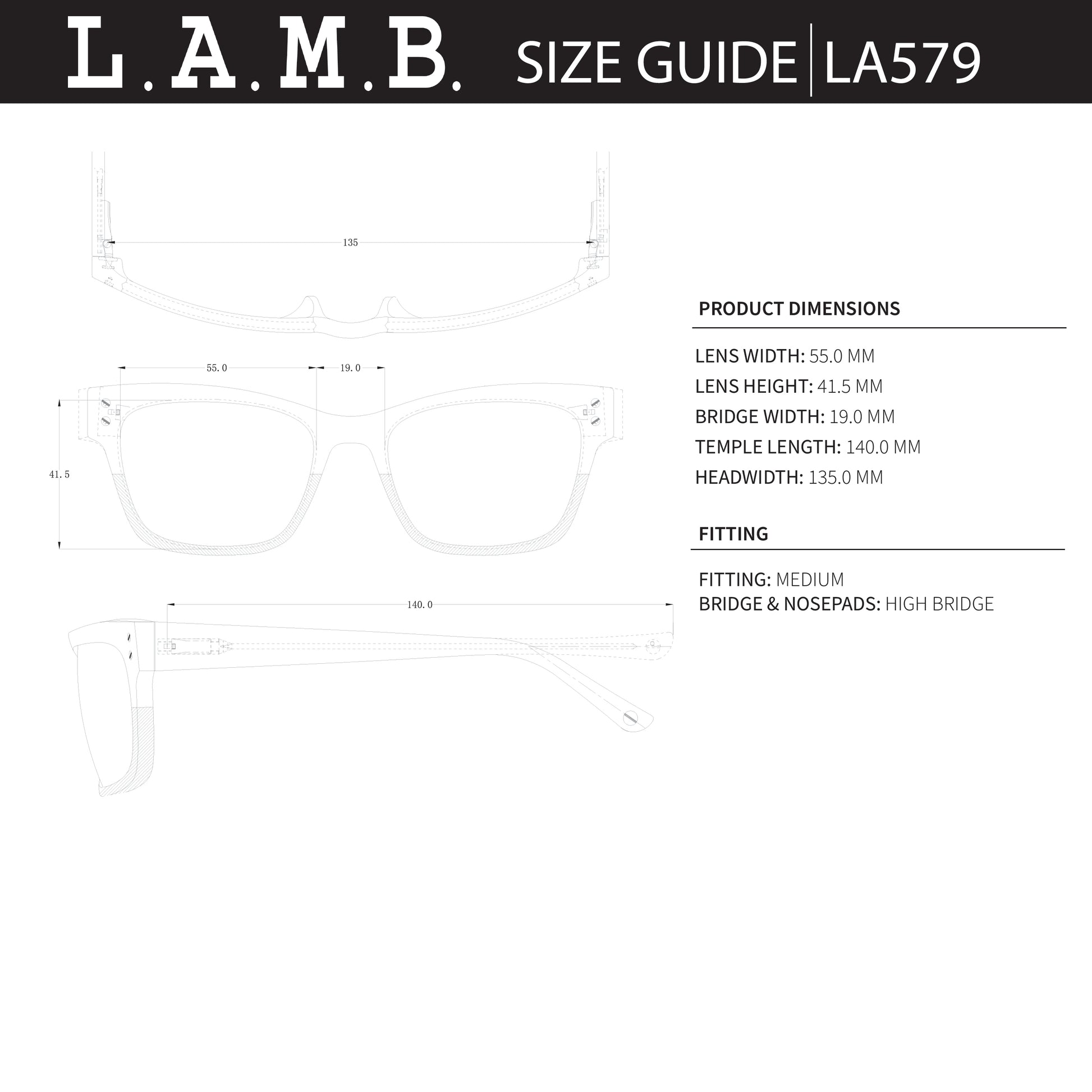 L.A.M.B. size guide for product LA579 with dimensions and fitting information.
