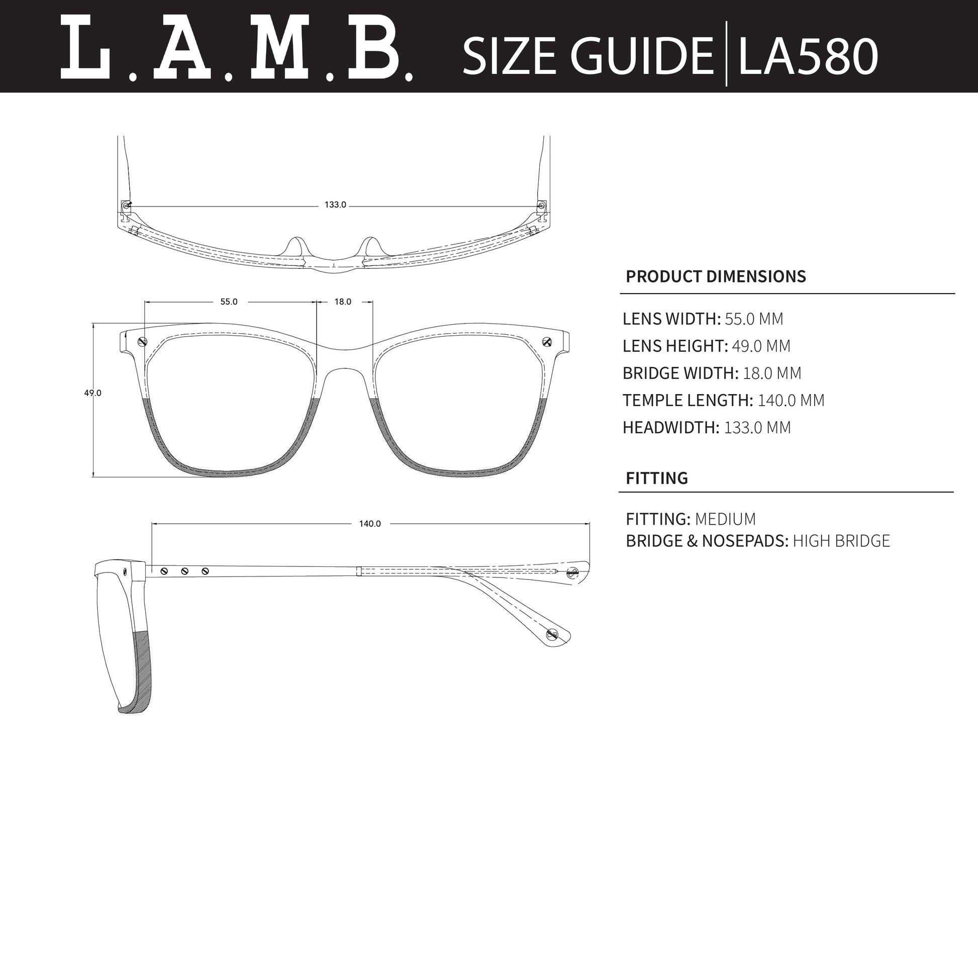 L.A.M.B. size guide for glasses model LA580 with product dimensions and fitting information.
