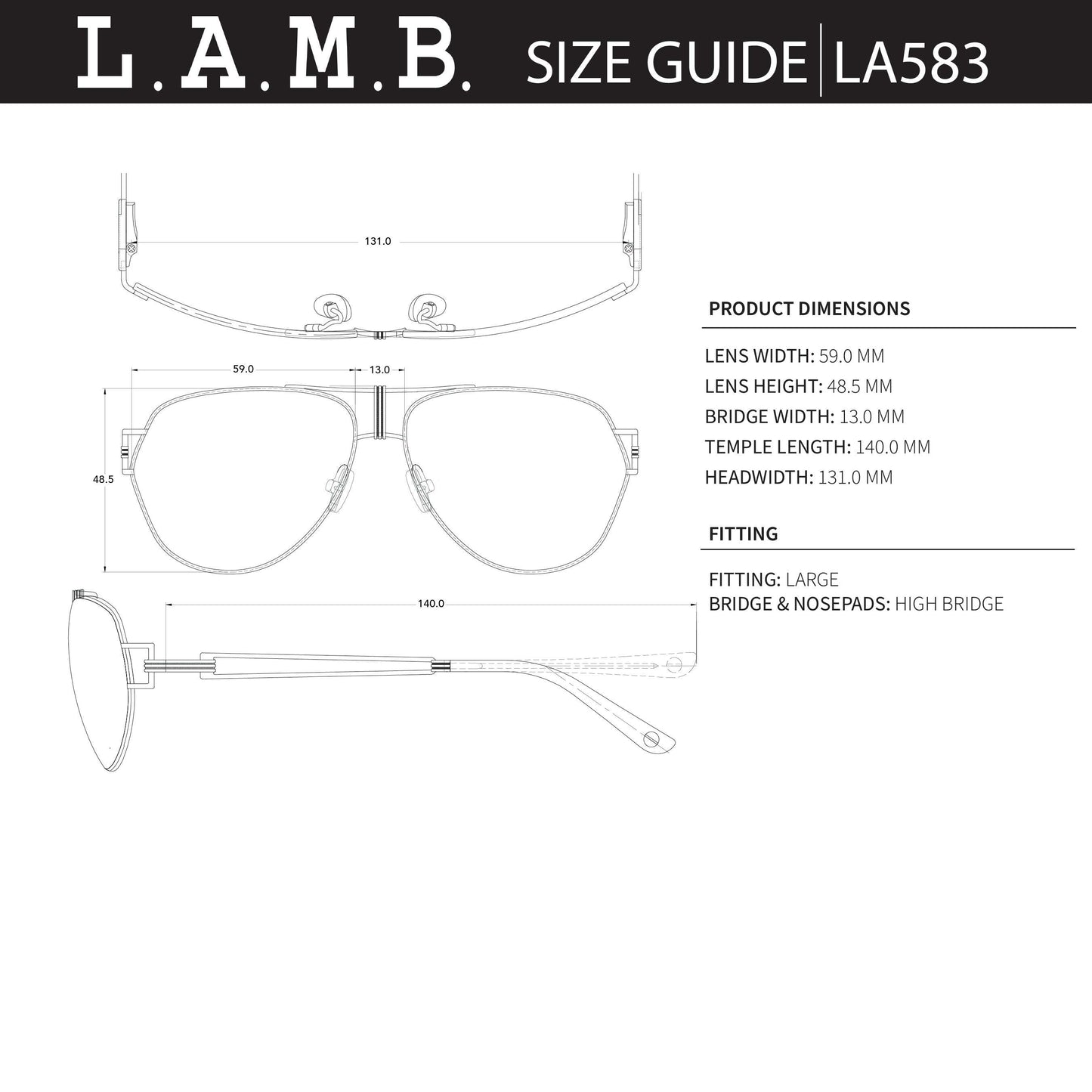L.A.M.B. LA583 BLK Sunglasses size guide with detailed dimensions and fitting info for large black aviator frame