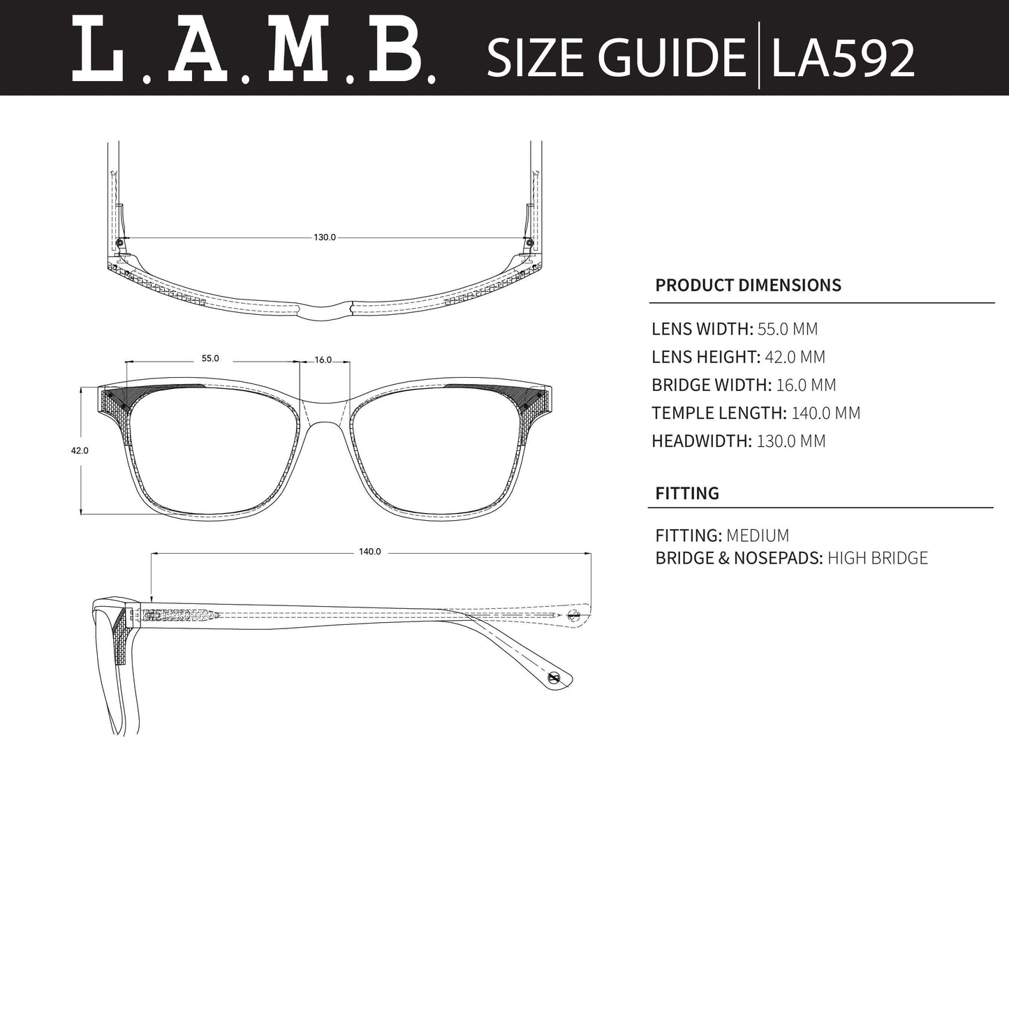 L.A.M.B. LA592 IVO Sunglasses size guide with detailed measurements and fitting information diagram