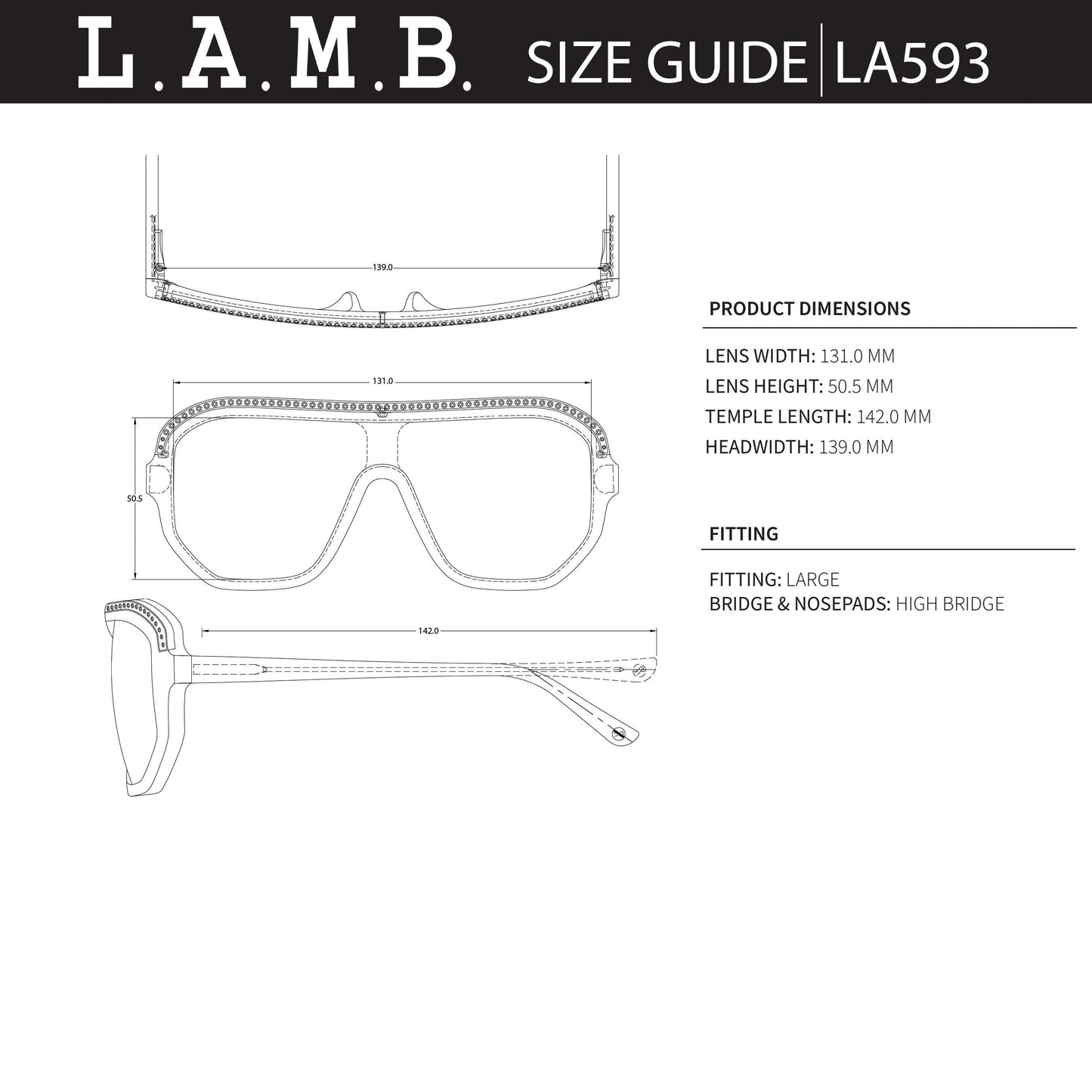 L.A.M.B. LA593 BON Sunglasses size guide with dimensions and large fitting details