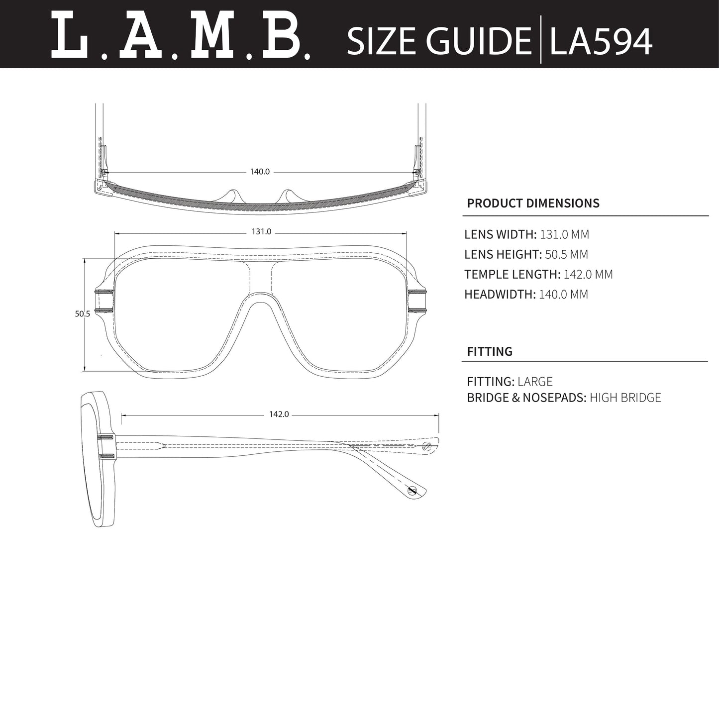 L.A.M.B. LA594 TAU Sunglasses size guide with lens, temple, and headwidth measurements for large fitting and high bridge nosepads