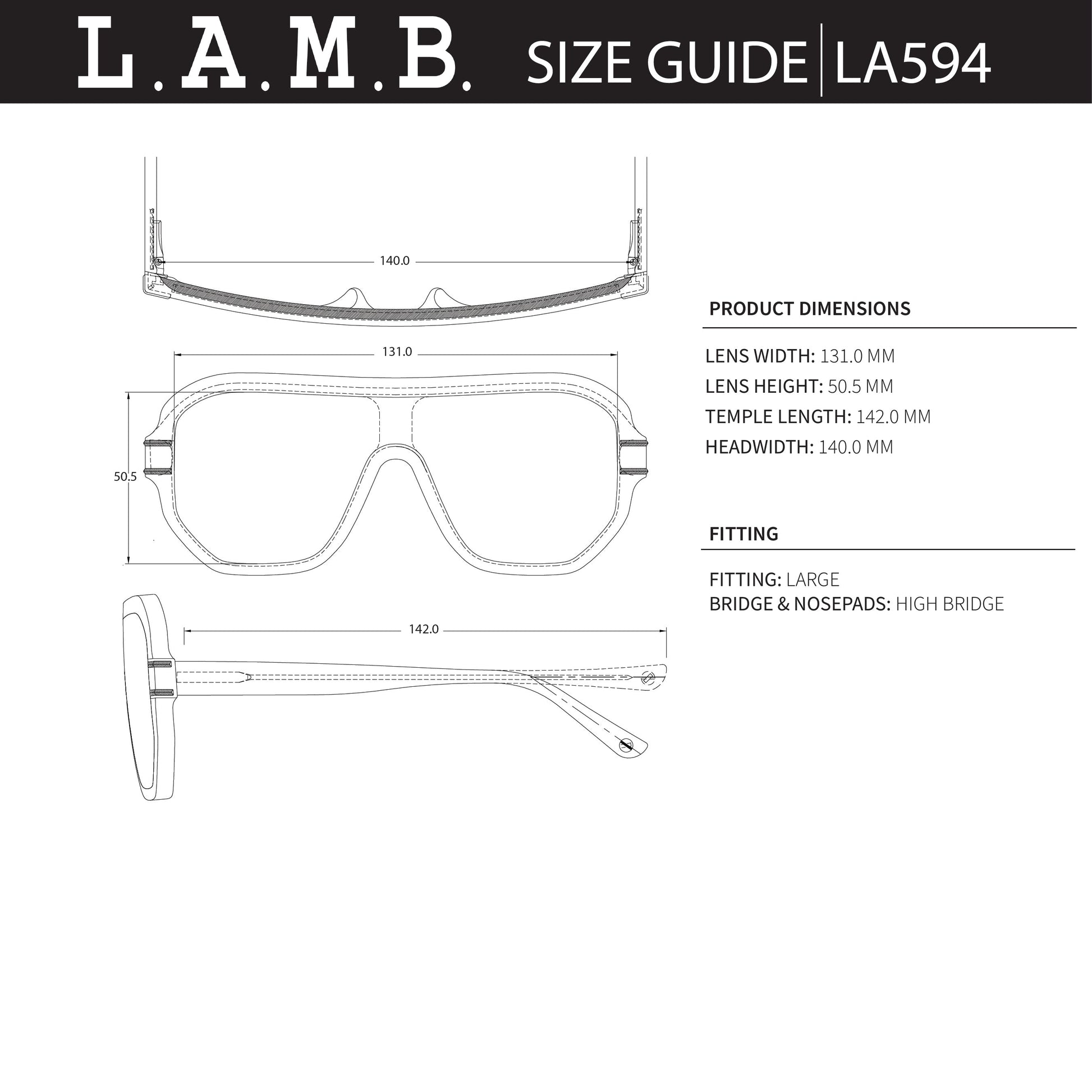 L.A.M.B. LA594 TAU Sunglasses size guide with lens, temple, and headwidth measurements for large fitting and high bridge nosepads