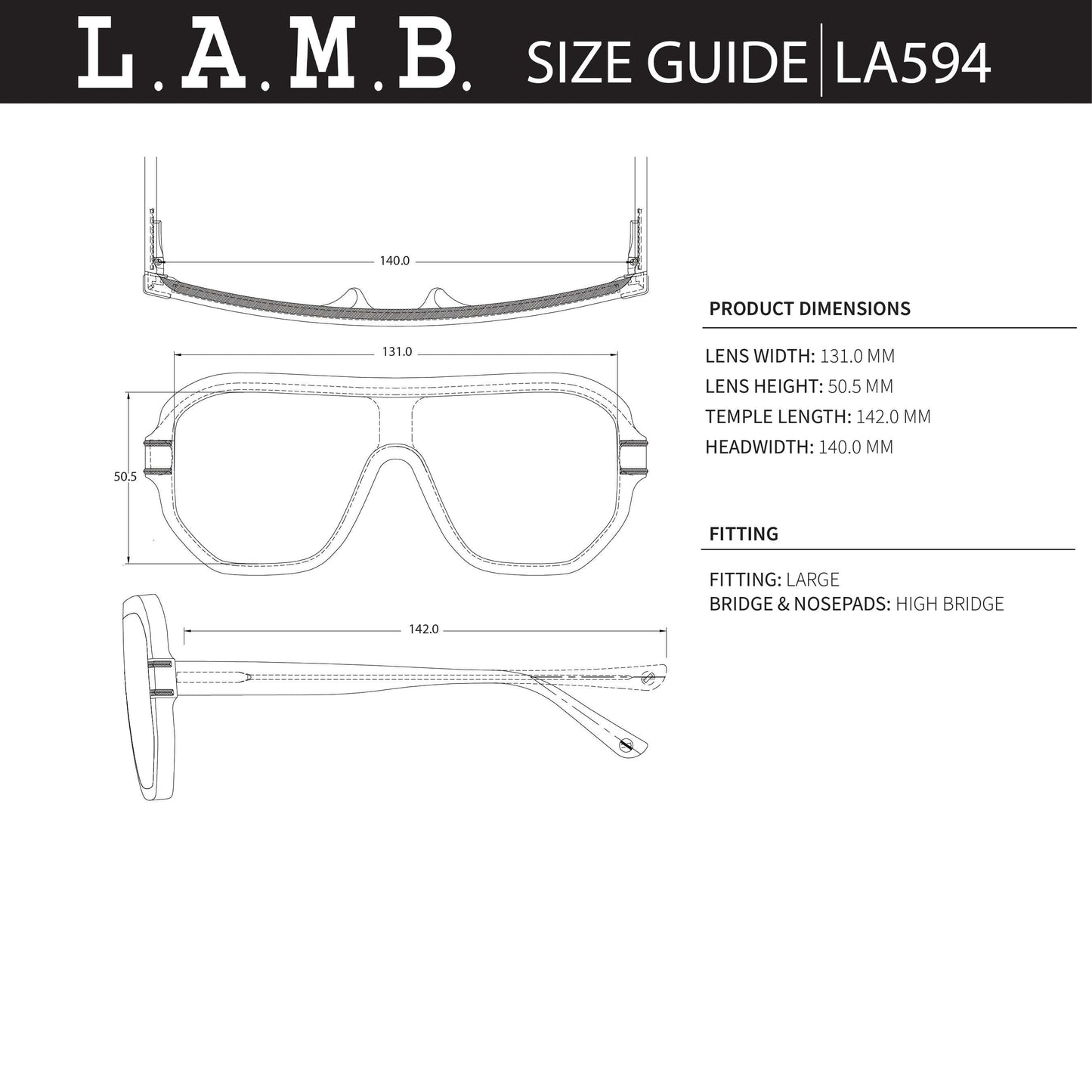 L.A.M.B. LA594 EGG Sunglasses technical size and fitting guide with large shield design and measurements