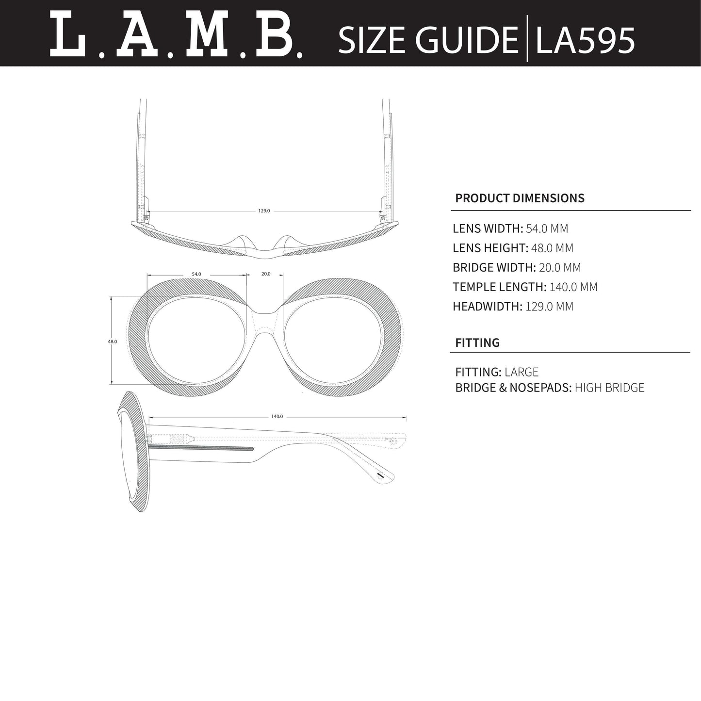 L.A.M.B. LA595 BLK oversized oval black sunglasses with gold accents and UV400 protection, size 54-20-140