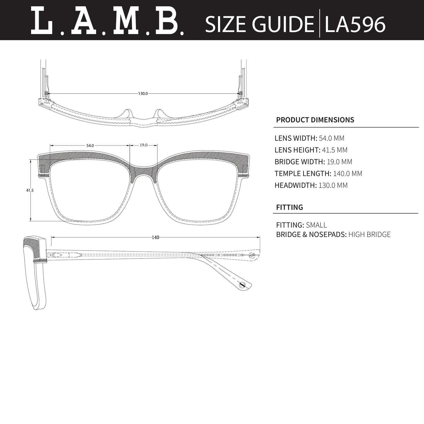L.A.M.B. LA596 BLK Sunglasses size guide with frame and lens dimensions for small fit with high bridge and nose pads