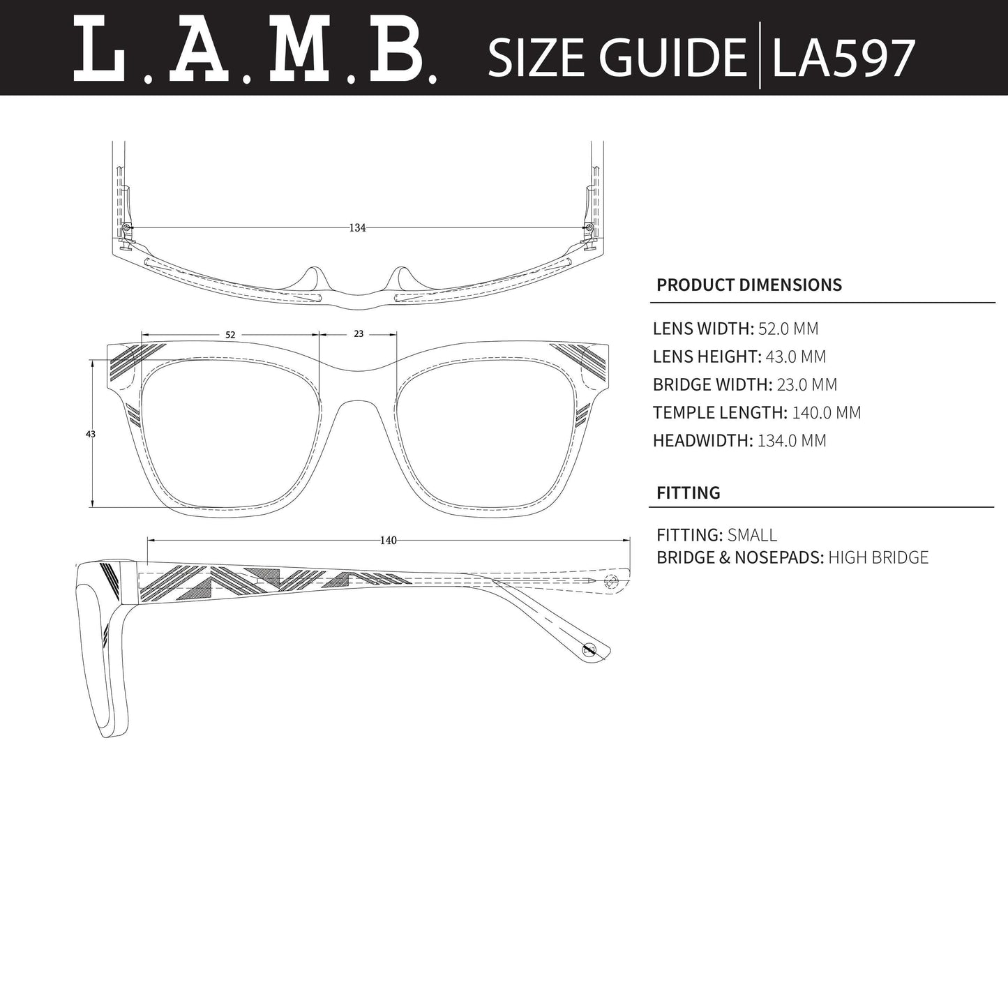 L.A.M.B. LA597 BLK Sunglasses size guide with detailed measurements and fitting information