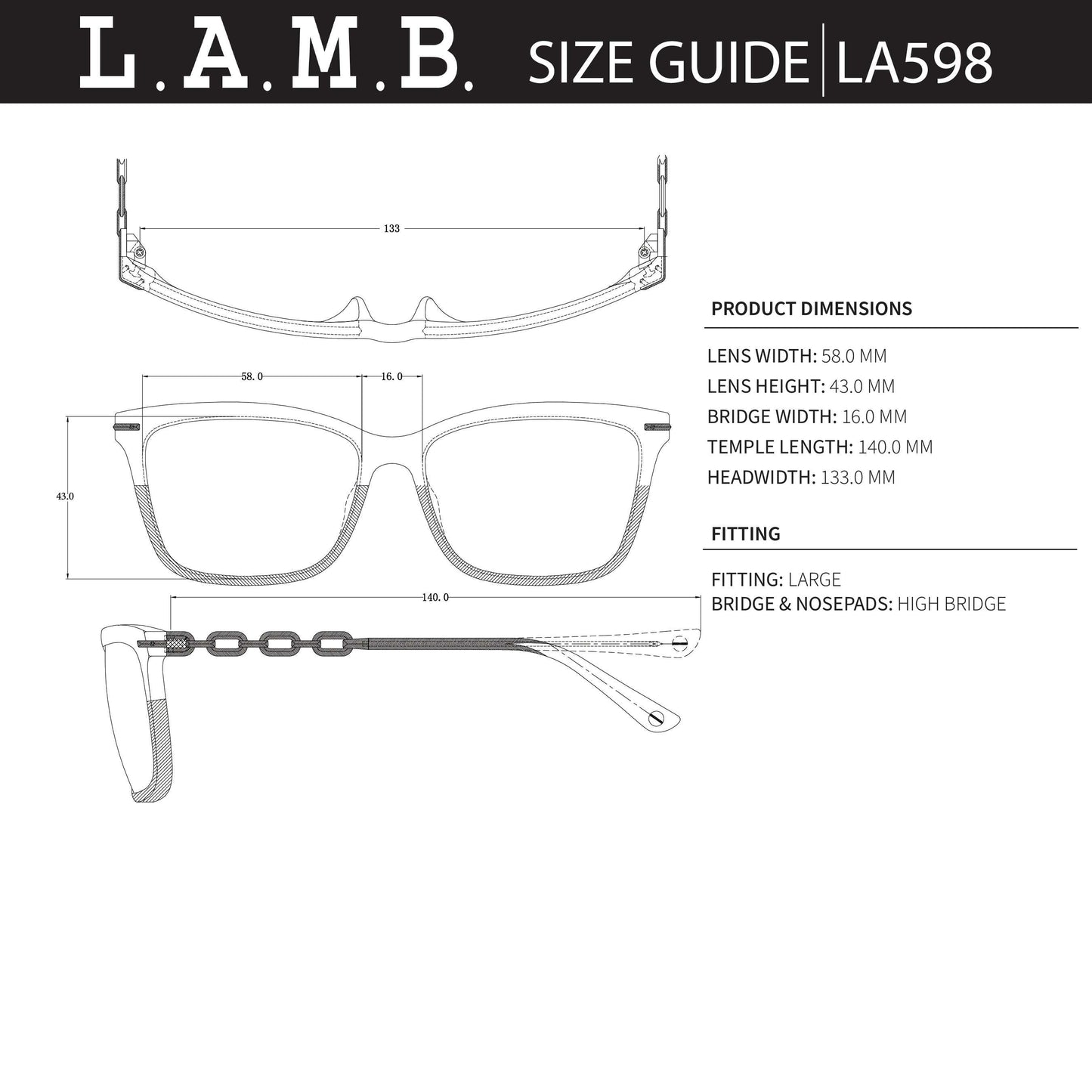L.A.M.B. LA598 BLS Sunglasses technical size guide with lens and frame measurements and fitting details