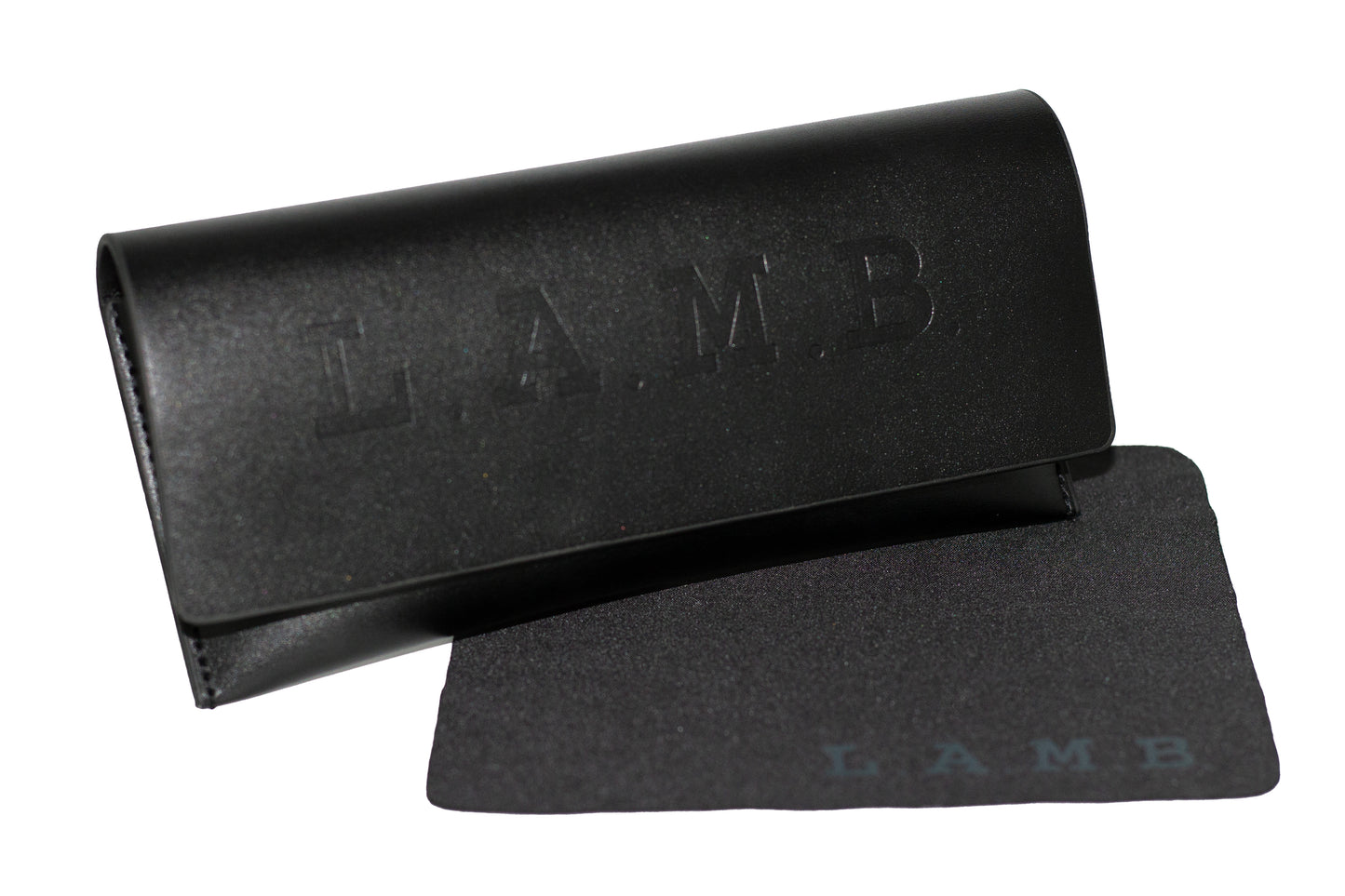 Black L.A.M.B. designer eyeglass case with embossed logo and matching branded cleaning cloth, perfect for stylish eyewear protection and storage.
