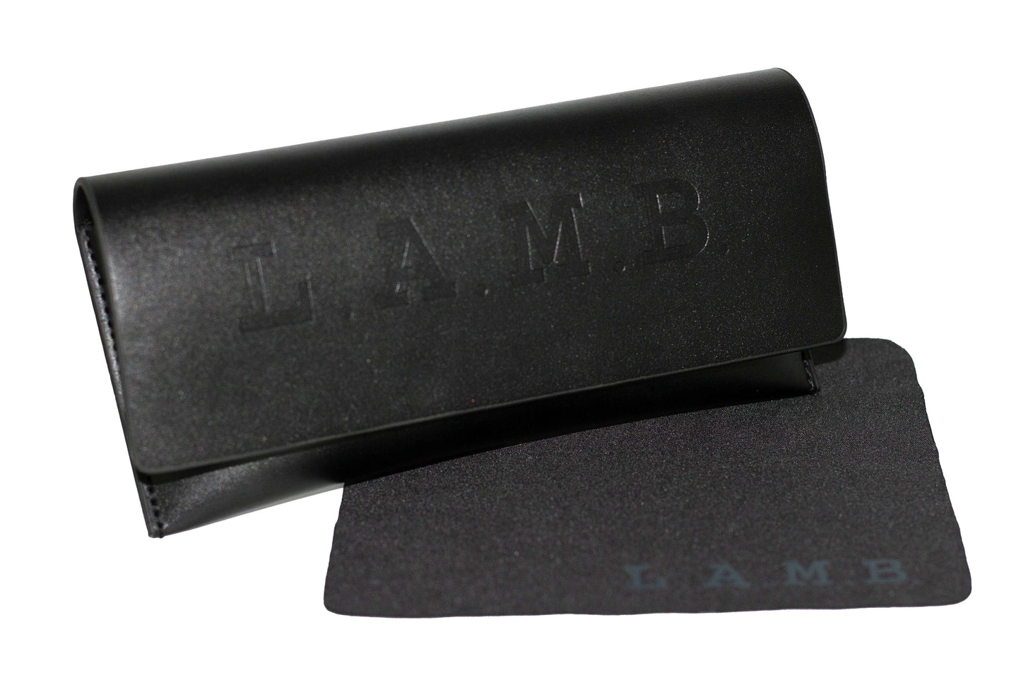 Black L.A.M.B. LA514 TOR Sunglasses case with cleaning cloth embossed with L.A.M.B. logo