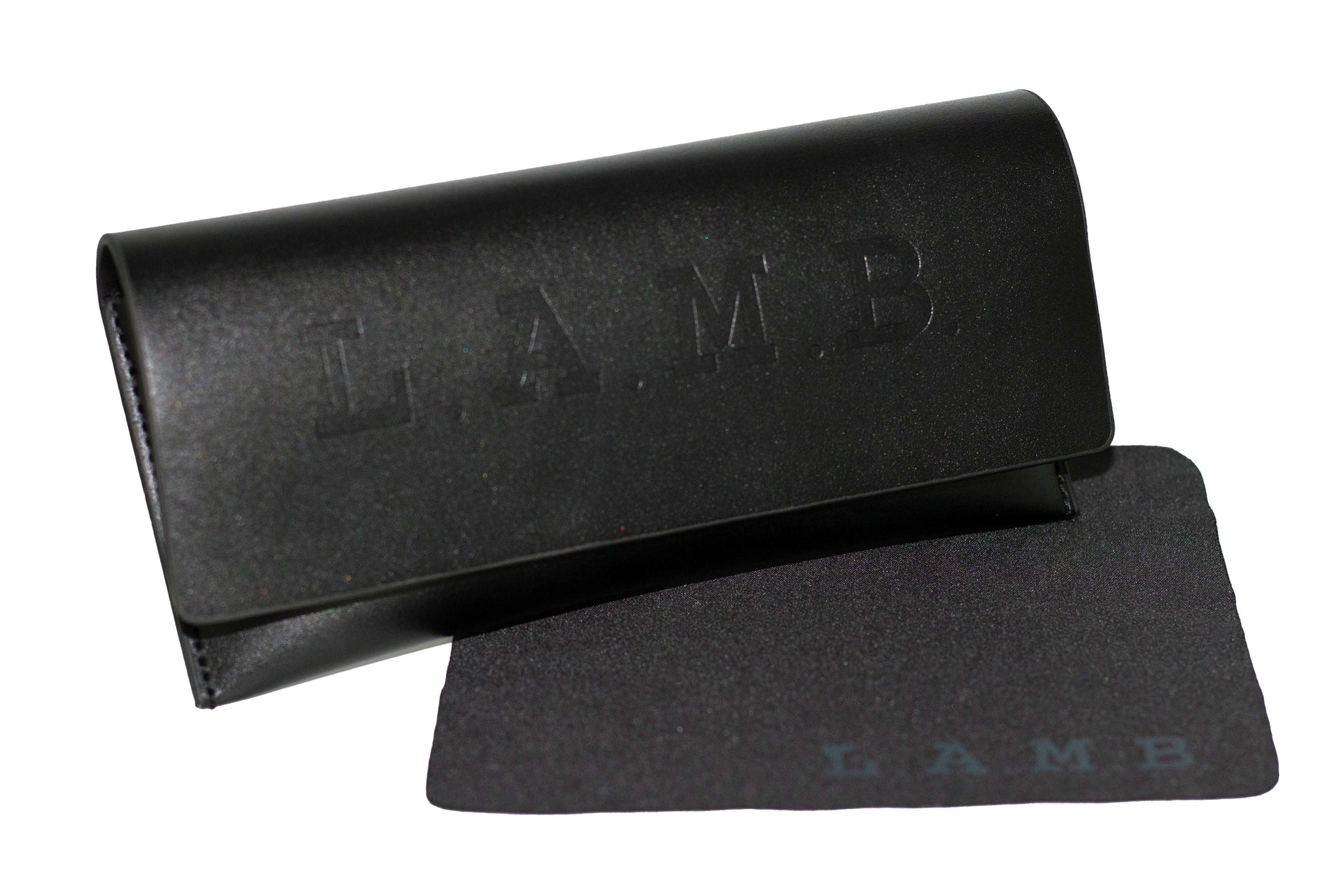 Black L.A.M.B. LA514 TOR Sunglasses case with cleaning cloth embossed with L.A.M.B. logo
