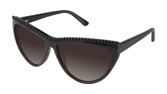 L.A.M.B. LA500 OLI sunglasses in sleek dark olive green with a glossy finish, featuring an oversized cat-eye silhouette and edgy pyramid stud detailing along the top rim.