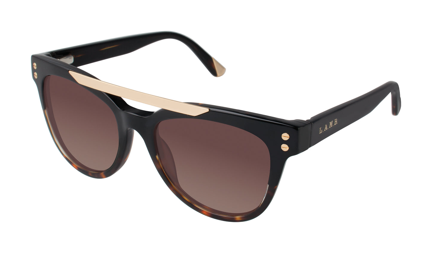 L.A.M.B. LA508 BLK Sunglasses – aviator-style black frame fading to tortoise with gold brow bar and gradient UV400 lenses, luxury designer eyewear.