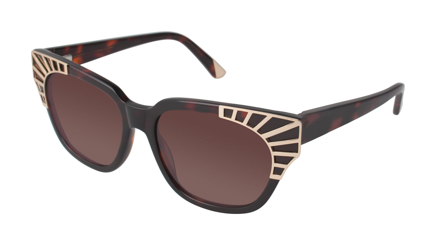 L.A.M.B. LA510 TOR Sunglasses in tortoise with bold cat eye frame, brown gradient lenses, and gold geometric accents by Gwen Stefani.