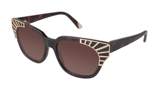 L.A.M.B. LA510 TOR Sunglasses in tortoise with bold cat eye frame, brown gradient lenses, and gold geometric accents by Gwen Stefani.