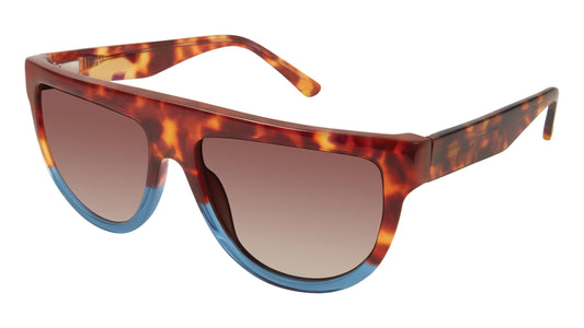 Stylish L.A.M.B. LA514 TOR sunglasses featuring a bold tortoiseshell frame with gradient brown lenses and a translucent blue accent along the bottom of the frame.