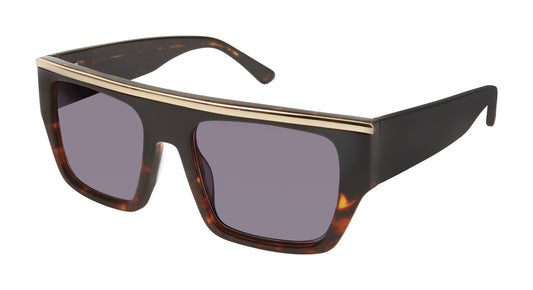 L.A.M.B. LA515 BLK Sunglasses with bold rectangular shield frame, black tort gradient acetate, smoke lenses, and gold accent bar by Gwen Stefani.