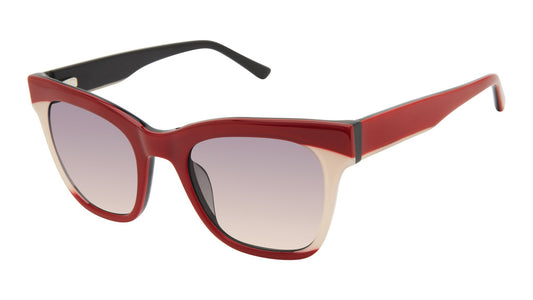 L.A.M.B. LA576 RED sunglasses with bold red and cream color-blocked acetate frame, featuring a cat-eye silhouette, gradient lenses, and sleek black interior arms for a fashion-forward statement.