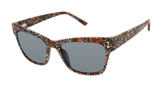 L.A.M.B. LA579 TOR sunglasses with a bold square frame in a tortoiseshell pattern overlaid with abstract black and cream spots, featuring smoke lenses.