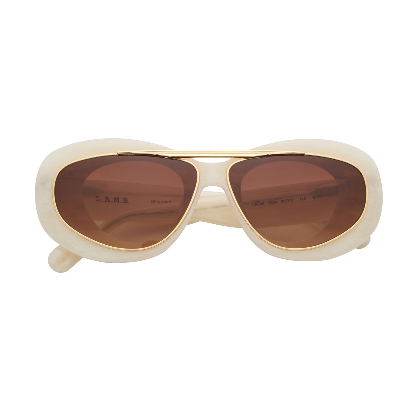 L.A.M.B. LA601 BON - Pearl Marble sunglasses with brown gradient lenses on a white background