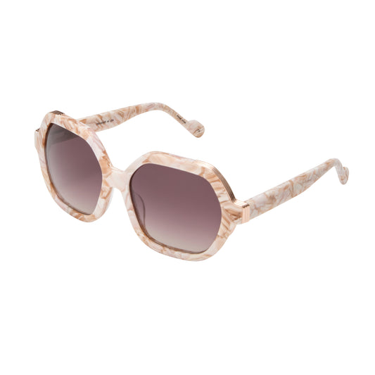 L.A.M.B. LA601 BLS Sunglasses in oversized blush marble acetate frame with elegant gold front detail and burgundy gradient lenses, 100% UVA+UVB protection.