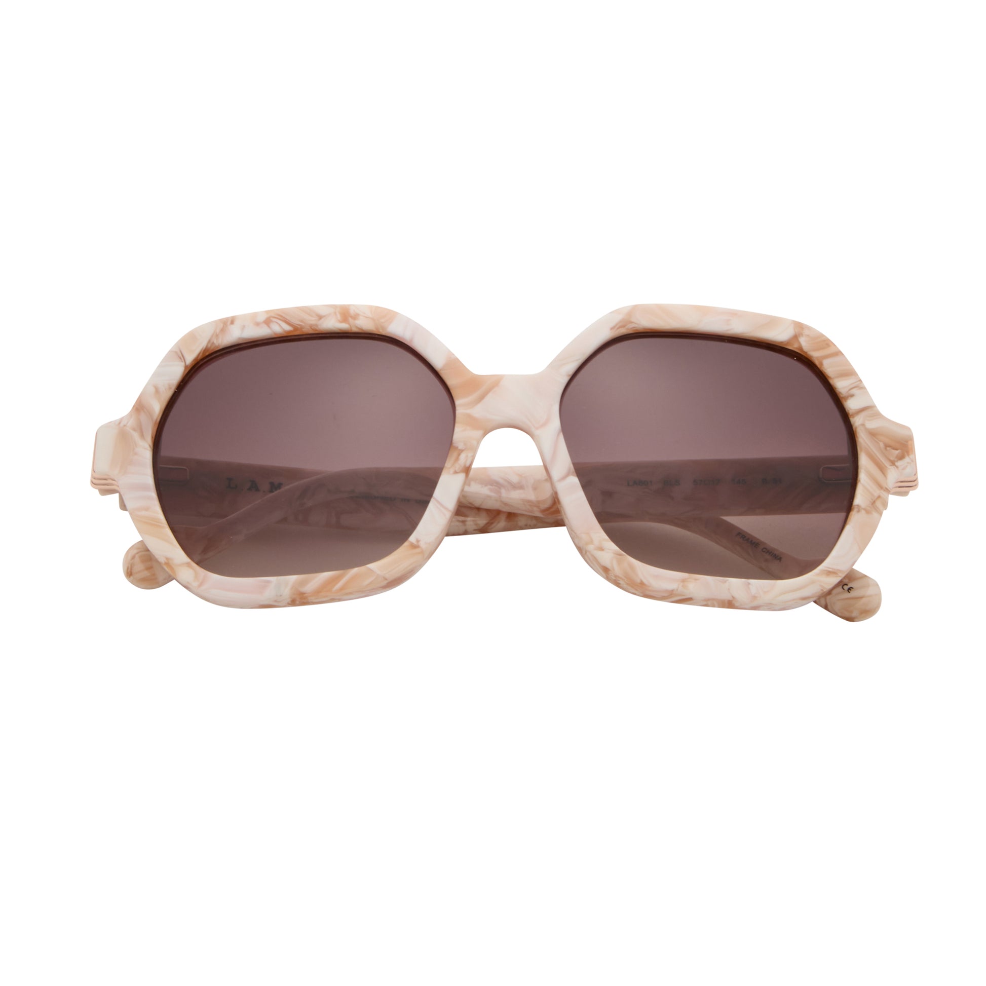 Front view of L.A.M.B. LA601 BLS Sunglasses featuring oversized blush marble frame, gold detailing, burgundy gradient lenses, luxury acetate, size 57-17-145.