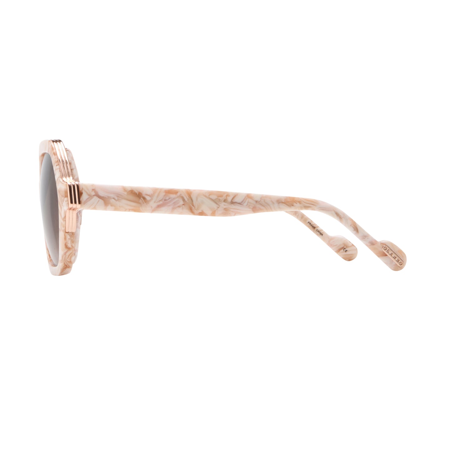 Side profile of L.A.M.B. LA601 BLS Sunglasses showing blush marble acetate arms, gold accent at hinge, oversized frame design, burgundy gradient lenses.