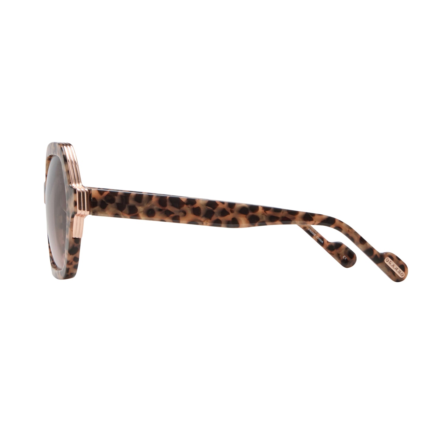 Side profile of L.A.M.B. LA601 TOR Sunglasses showing tortoise acetate arms, gold accent at hinge, oversized frame design, brown to blush gradient lenses.