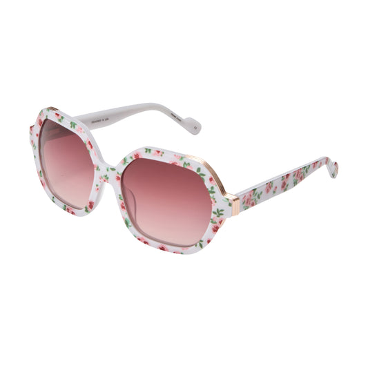 L.A.M.B. LA601 WHT Sunglasses in oversized white floral acetate frame with elegant gold front detail and burgundy gradient lenses, 100% UVA+UVB protection.