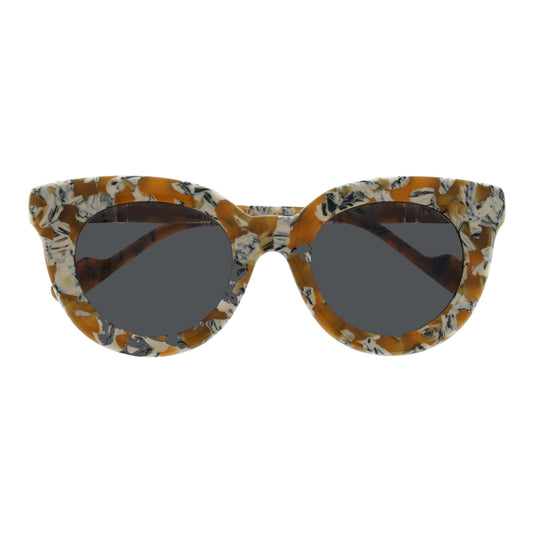 Front view of L.A.M.B. LA603 YEL Sunglasses in milky yellow acetate with black and white tortoise pattern, smoke lenses, gold metal detailing, round 48-22-140 frame designed by Gwen Stefani.